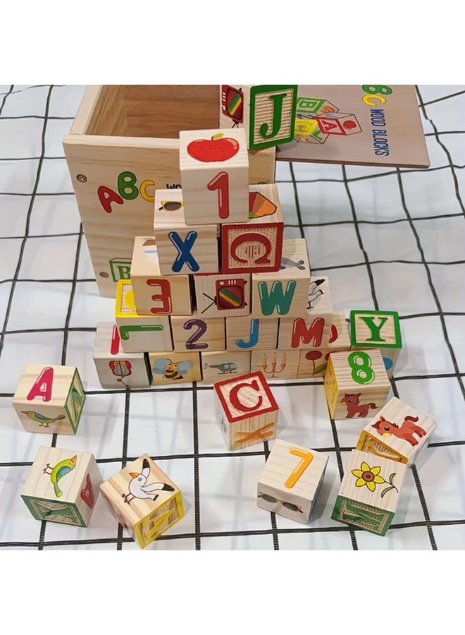 Wooden Blocks Set Early Learning Alphabet Numbers Fruits Animals Puzzle Toy - Image 4